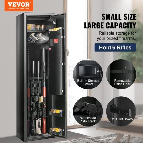 VEVOR 6 Gun Safe, Gun Security Cabinet with Fingerprint & Digital Keypad Lock, Gun Storage Cabinet with Built-in Storage Locker and Removable Storage Shelf for Pistols & Home Long Gun - Image 2