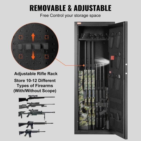 VEVOR 10-12 Rifles Gun Safe, Rifle Safe with Lock & Digital Keypad, Quick Access Tall Gun Storage Cabinet with Removable Shelf, Rifle Cabinet for Home Rifle and Shotguns - Image 6